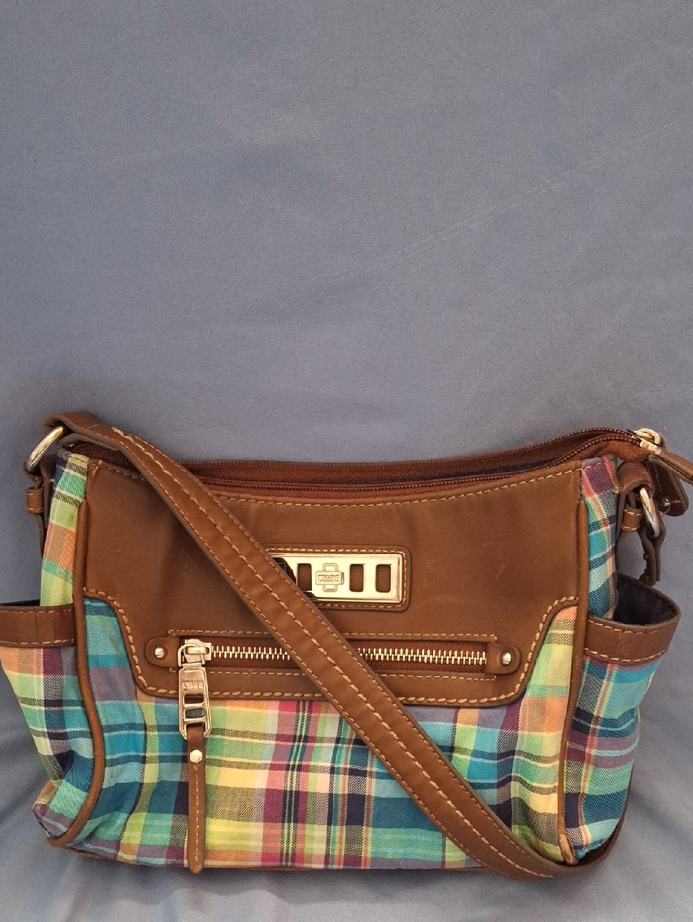 Chaps Multicolor Plaid Crossbody with Brown Trim